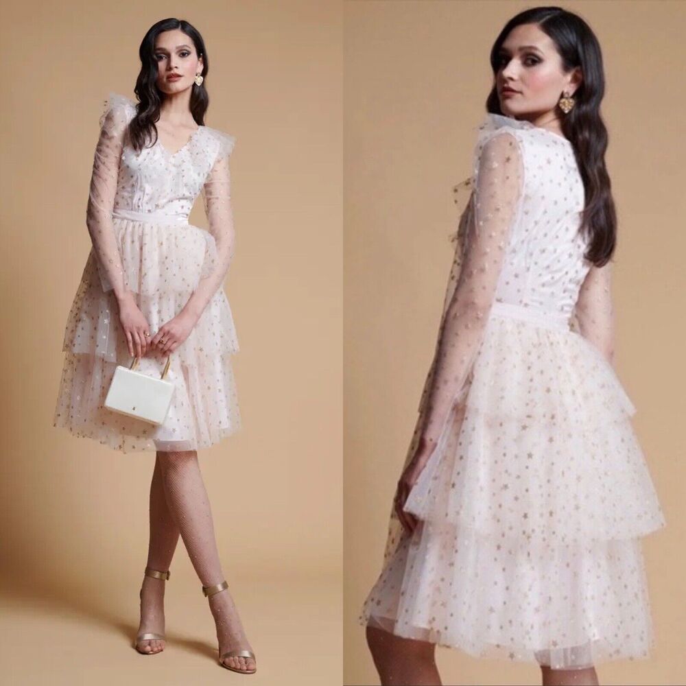 Rachel Parcell Women M Dress Glitter Star Tulle Long Sleeve Tier Ruffle NEW